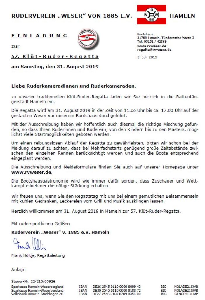 2019 RV Weser Hameln 57. Kluet-Ruder-Regatta2019 Einladung