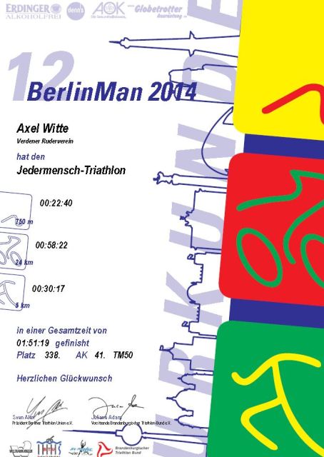 2014 Triathlon Berlin Man Urkunde Axel Witte